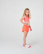 Super light neon orange recycled fibre girls sports running shorts by SASACTIVE-backnt View - School Active Sports