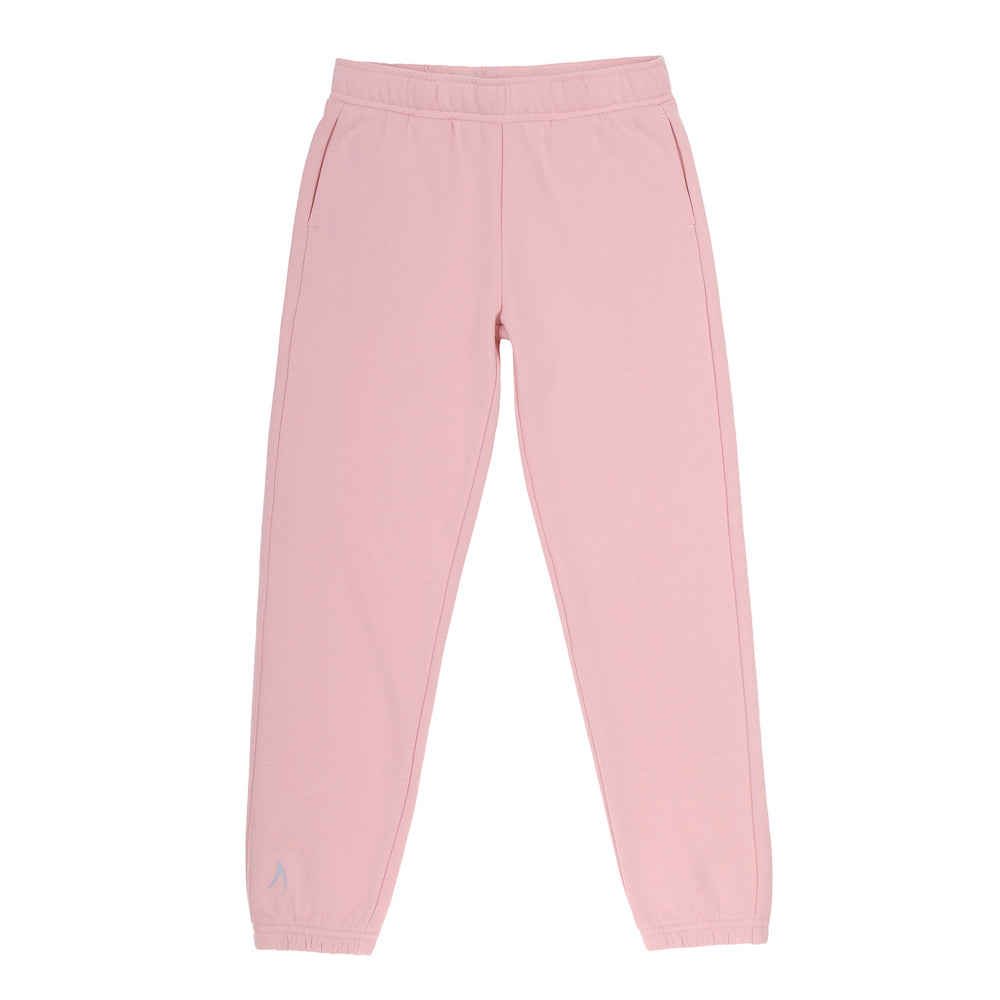 Girls’ pink track pants made from soft fleece fabric with an elastic waistband and tie for a secure fit. Perfect for school, sports, and everyday wear.
