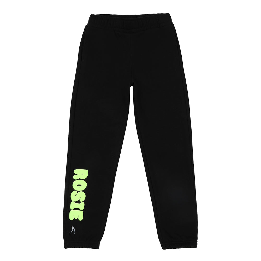 Personalised girls’ black track pants with custom name or logo option. Ideal for school teams, dance, and activewear sets.