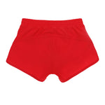Sustainable red athletic shorts for girls, designed for gymnastics, running, and active sports with built-in brief and hidden pocket.
