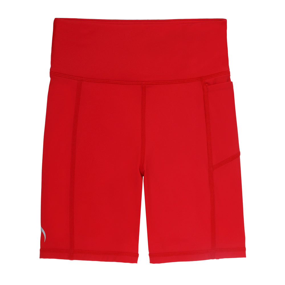 High-waisted girls long red activewear shorts with pockets, designed for school sports, gymnastics, dance, and running.