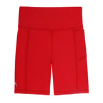 High-waisted girls long red activewear shorts with pockets, designed for school sports, gymnastics, dance, and running.