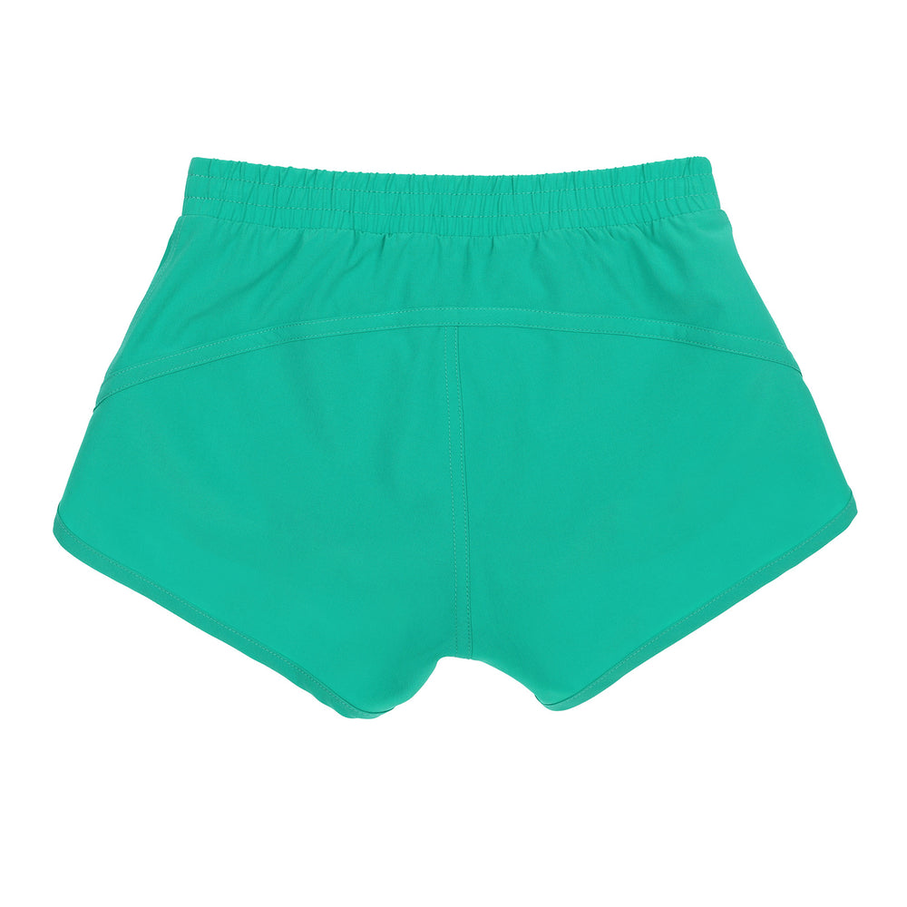 Customisable girls’ teal recycled sports shorts with internal brief, perfect for school uniforms, athletics, and team sports.