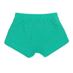 Customisable girls’ teal recycled sports shorts with internal brief, perfect for school uniforms, athletics, and team sports.