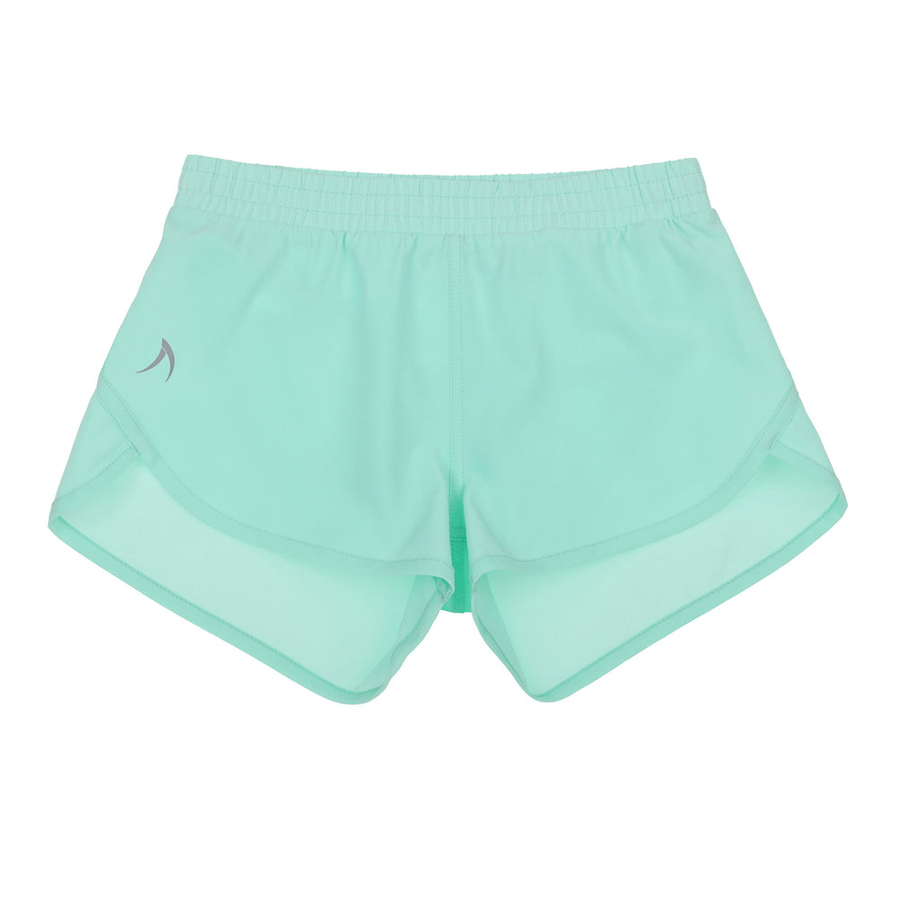 girls turquoise green athletic shorts with an internal brief, perfect for netball, athletics, dance & running.