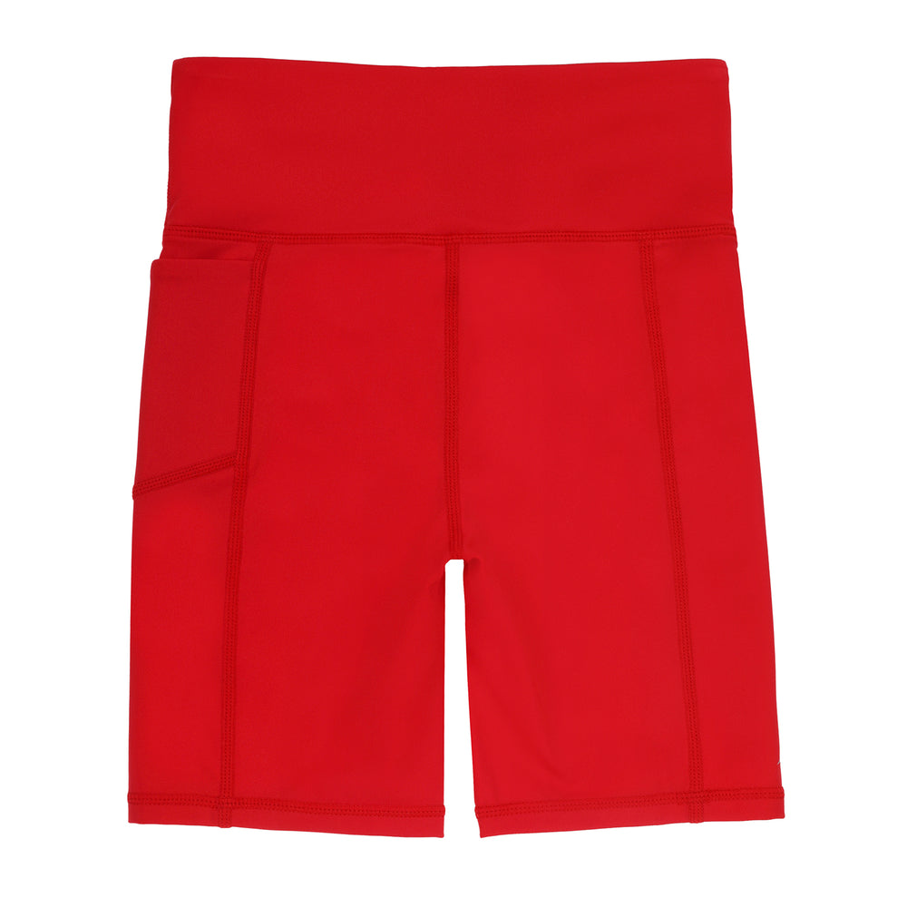 Girls high-waist long red bike shorts – breathable and supportive for netball.