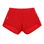 girls red gym shorts sustainable fashion dance running tennis little athletics shorts with internal brief front view