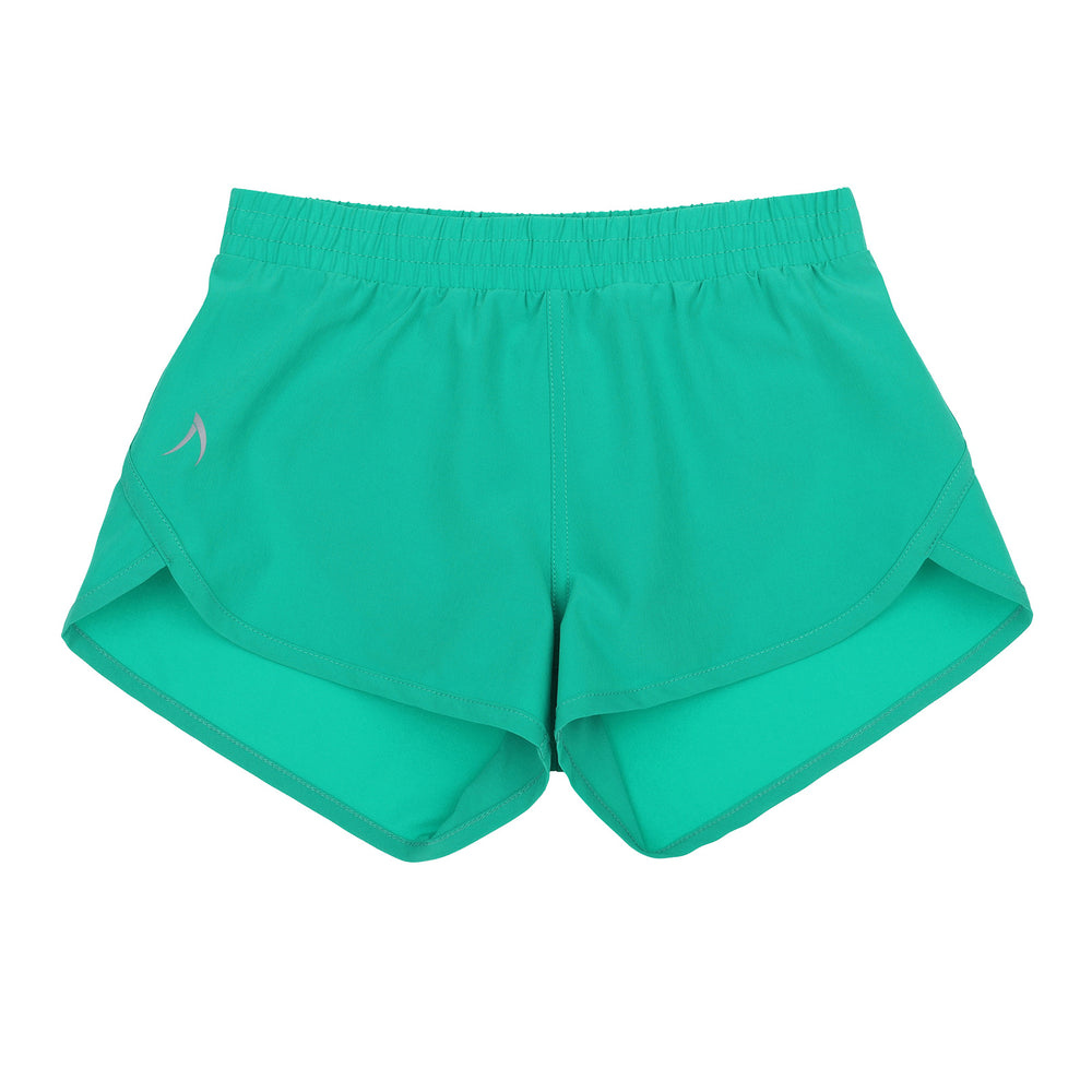 Teal girls recycled fibre sports shorts with internal brief for comfort, flexibility, and sustainability. Ideal for school sports, dance, and athletics.