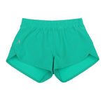 Teal girls recycled fibre sports shorts with internal brief for comfort, flexibility, and sustainability. Ideal for school sports, dance, and athletics.