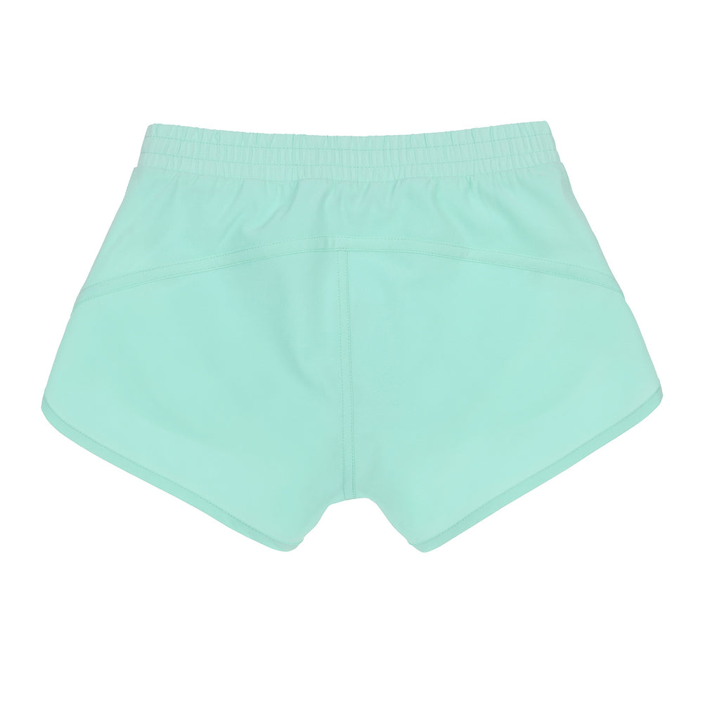 Customisable turquoise green recycled fibre shorts, ideal for school sports teams, running clubs, and personalised activewear.