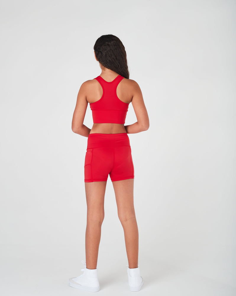 Girls little athletics red sports bike shorts with side pocket