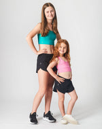 Super light black recycled fibre girls sports running shorts by SASACTIVE, School Active Sports - Front View