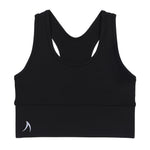 Girls black racer back sports crop top bra -Front view, black dance top, for running, gymnastics crop top,