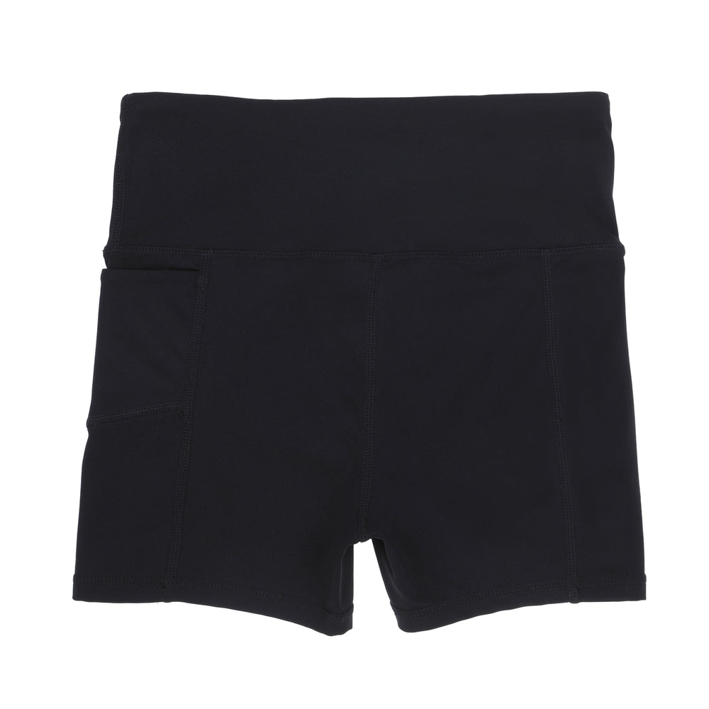 Girls’ black bike shorts with pockets, made from moisture-wicking, high-stretch fabric for running, sports, and activewear. Customise for your team or school now.