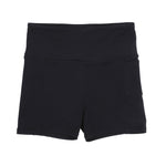 Girls black bike shorts made from moisture-wicking, high-stretch fabric for running, sports, and activewear.