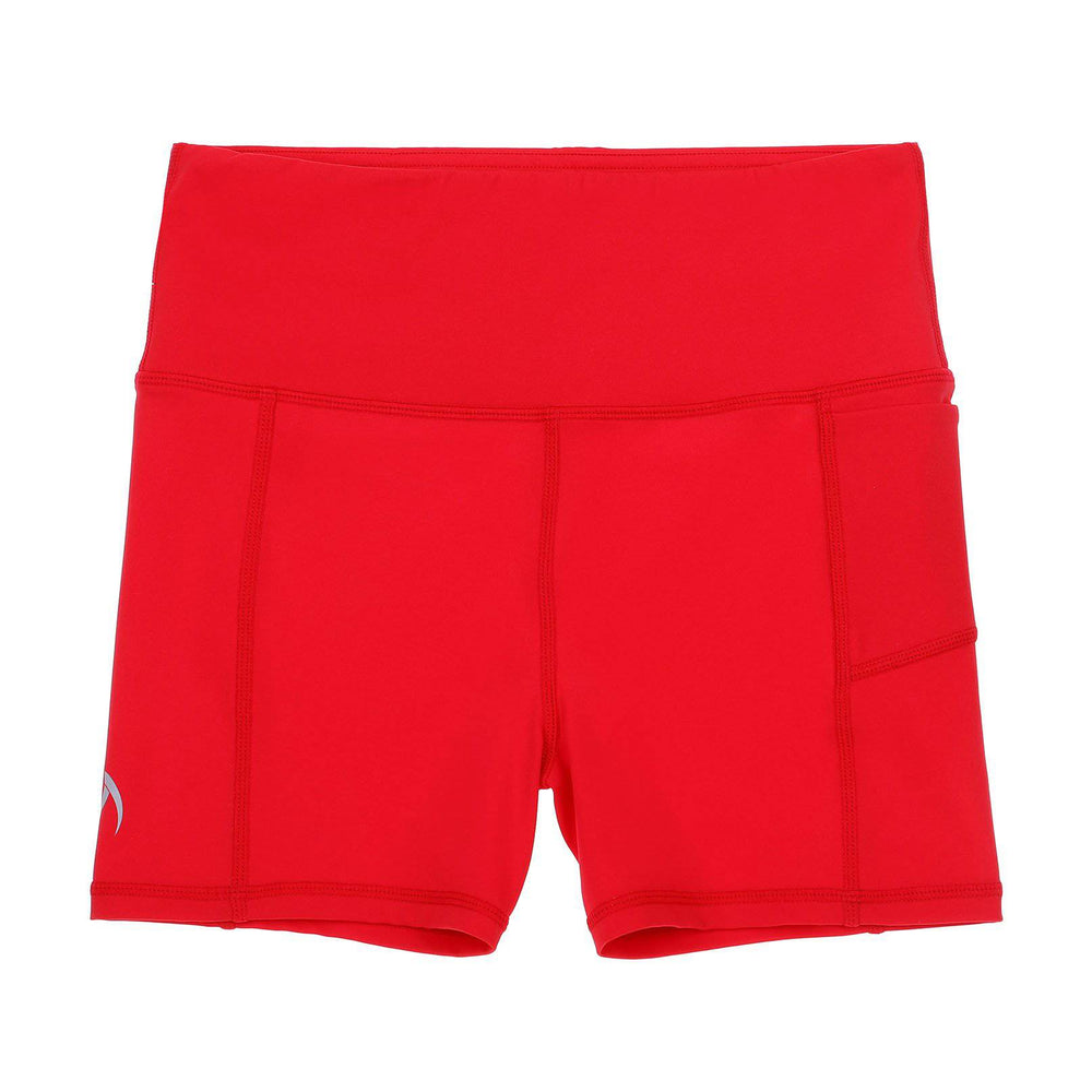 Front view of girls red bike shorts, perfect for gymnastics, netball, dancing, running, and school sports uniforms.