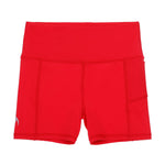 Front view of girls red bike shorts, perfect for gymnastics, netball, dancing, running, and school sports uniforms.