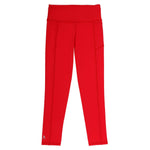 Girls red leggings with a high-waisted fit, designed for school sports, running, and activewear. Made from moisture-wicking, 4-way stretch fabric for ultimate comfort.