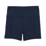 Girls navy activewear bike shorts with a high-waisted, no-seam inner leg design for chafe-free comfort. Made from moisture-wicking, 4-way stretch fabric, perfect for school sports, gymnastics, netball, running, and dance. Great for School Sports uniforms - School Active Sports