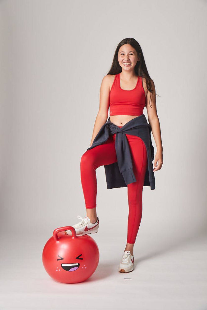 Red leggings for girls, perfect for school sports uniforms, dance, and PE. Features a stay-put waistband and durable, quick-dry fabric. School Active Sports